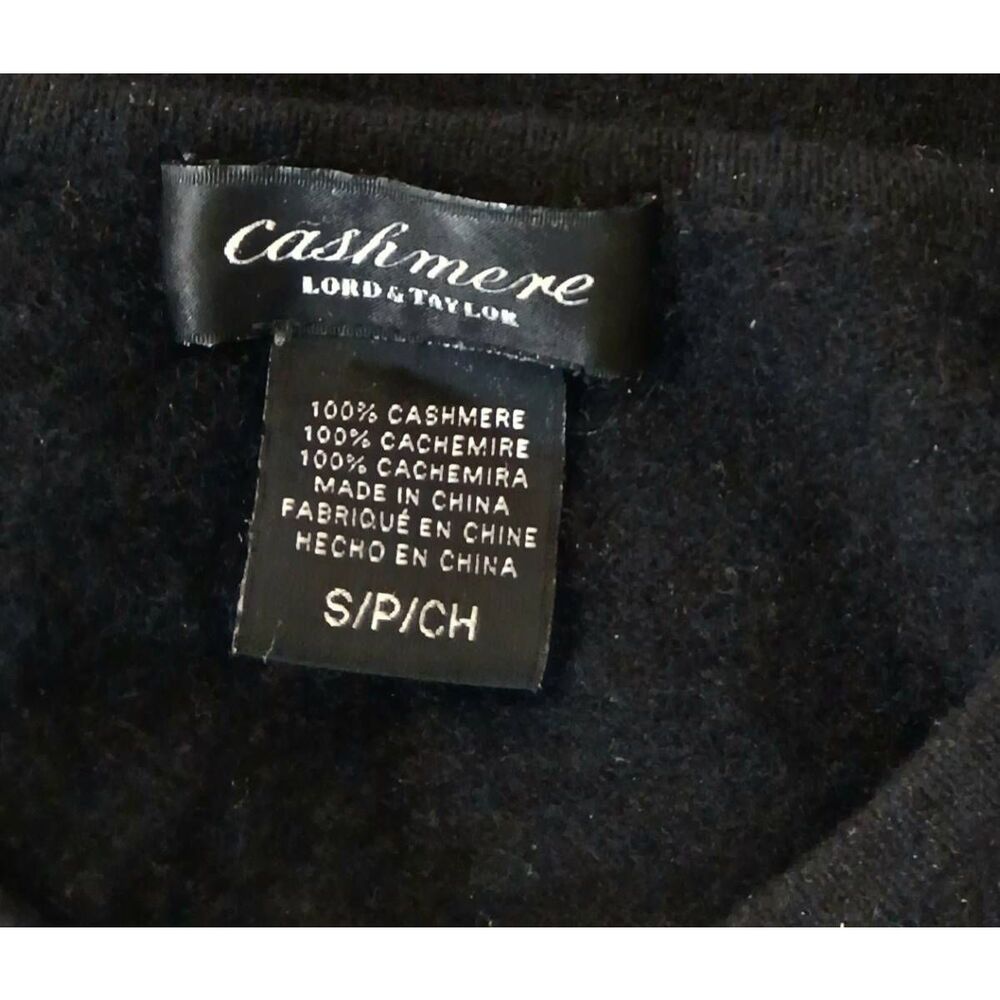 Lord Taylor womens small sweater 100% cashmere cardigan black leather patches - Picture 7 of 9